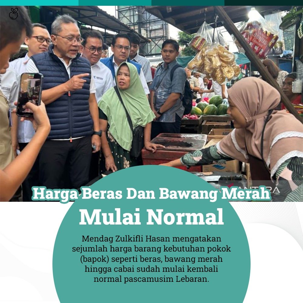 Mendag mengatakan sejumlah harga bapok seperti beras, bawang merah hingga cabai sudah mulai kembali normal

Harga² yg mulai normal ini disebabkan oleh distribusi bahan pokok yg sudah lancar usai libur Lebaran

___
Amanda Zahra Dortmund Syahrini 
Giselle #ThomasCup2024 Selingkuh