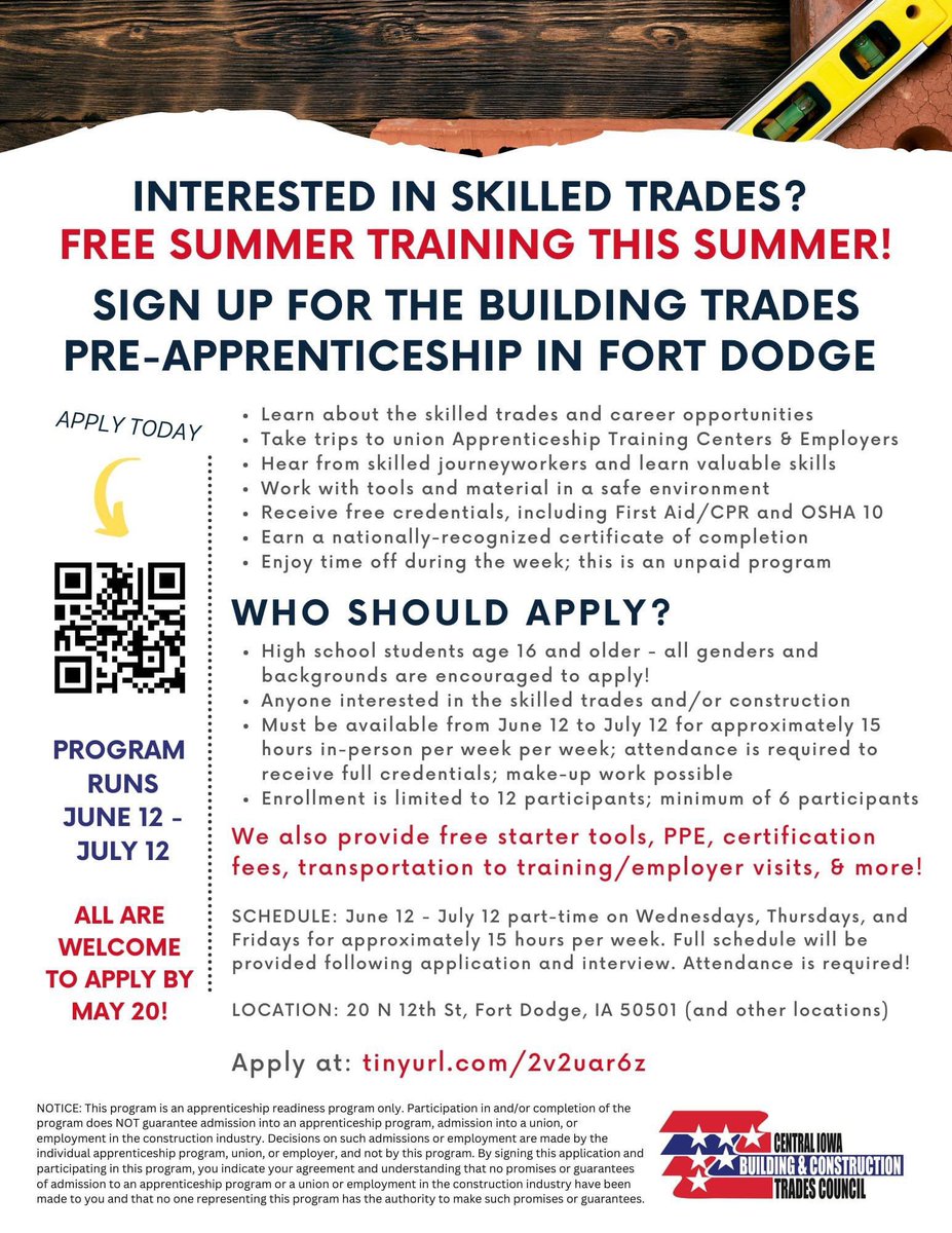 Exciting opportunity for high school students in #FortDodge this summer! The pre-apprenticeship is unpaid but includes incentives including credentials, tools & PPE, field trips to apprenticeships & contractors, & more!

tinyurl.com/2v2uar6z

#iowaskilledtrades #IowaWorkforce