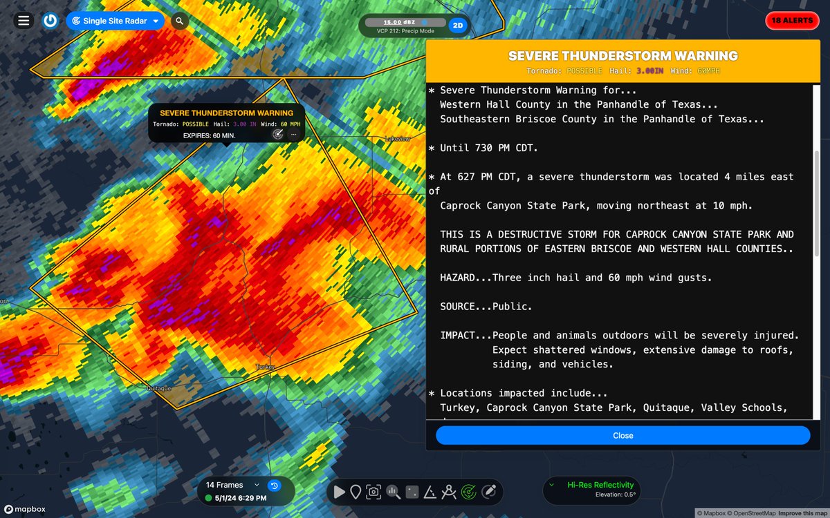 Severe Thunderstorm Warning including Turkey TX, Quitaque TX and Brice TX until 7:30 PM CDT. #TXwx ⚠️This destructive storm will contain large apple sized hail!