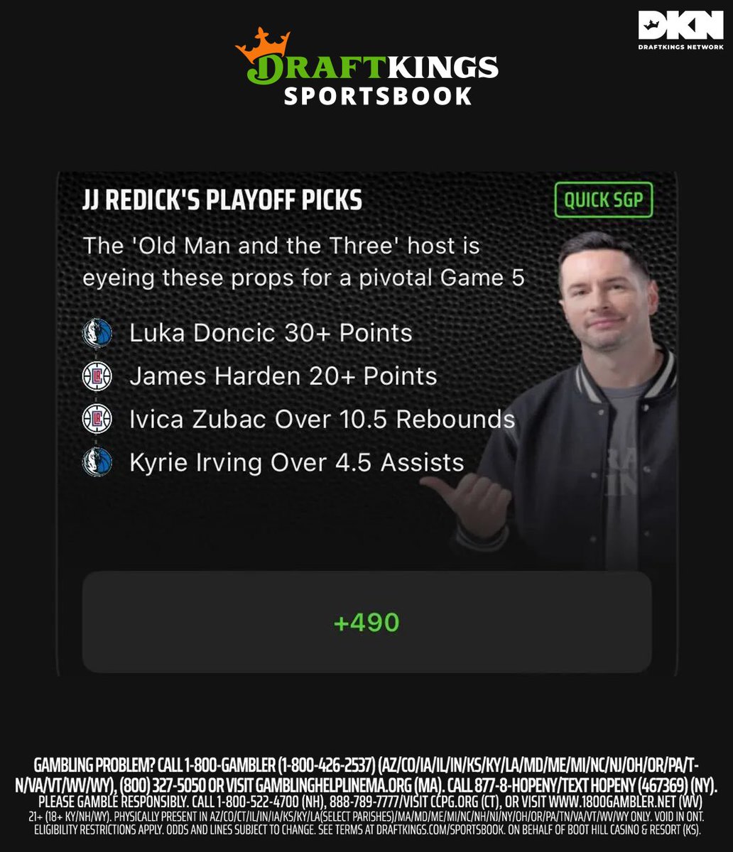 NBA SGP: Former NBA player and current NBA analyst @JJ_Redick crafted this SGP for today’s NBA action on @DKSportsbook👀👇 🏀Luka Doncic 30+ Points 🏀James Harden 20+ Points 🏀Ivica Zubac Over 10.5 Rebounds 🏀Kyrie Irving Over 4.5 Assists Odds (+490)