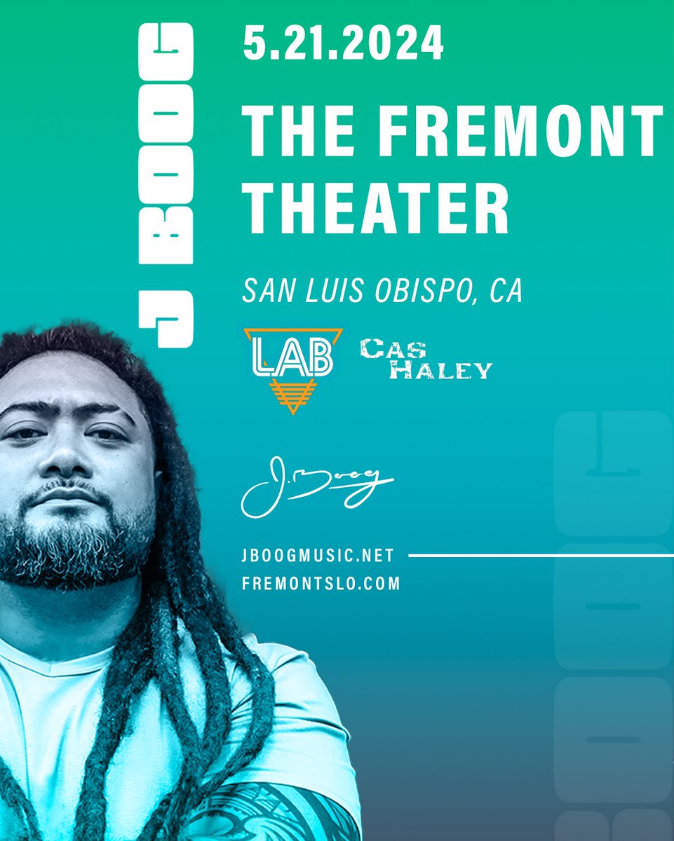 MORE J BOOG ON DA WAY 🛣️🎶🤙🏾 Tue., 5/21 pull up to @FremontSLO for #JBOOG & EPIC guests #LABMUSIC & #CASHALEY! 🎟️ Grab ya tix now, we’re officially on the #roadtocaliroots 🔊 👉🎫 fremontslo.com/events/j-boog-…