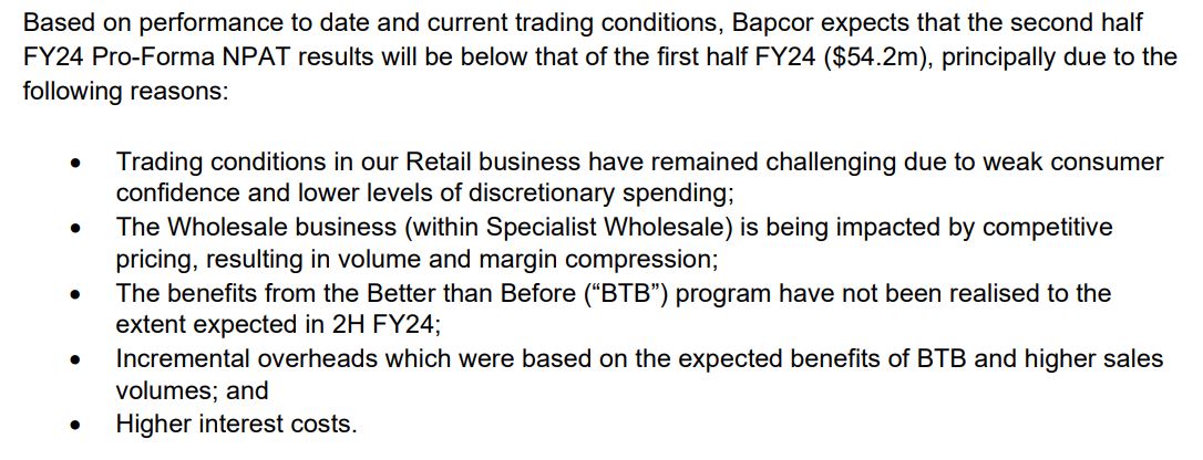 $BAP Bapcor (supplier of vehicle parts and accessories)
Third Quarter trading update
Profit in 2nd half of 23/24 year to be below 1st half. 
In 23/24 year net profit expected in $93-97m range
#ausecon