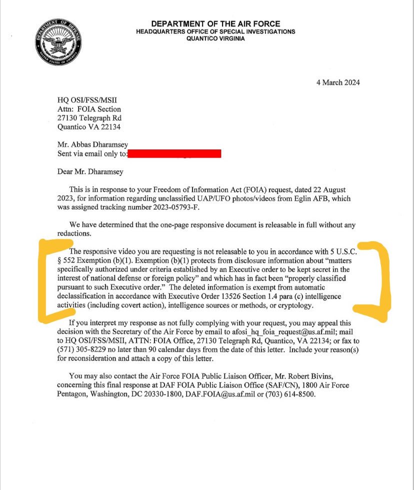 This @DoD_AARO FOIA response acknowledges a video does exist from the Jan 2023 Eglin AFB #UAP sighting but refuses to release it. But someone is not being truthful because @DoD_AARO officially claimed in its report that there was no video because the jet recorder was not working.…