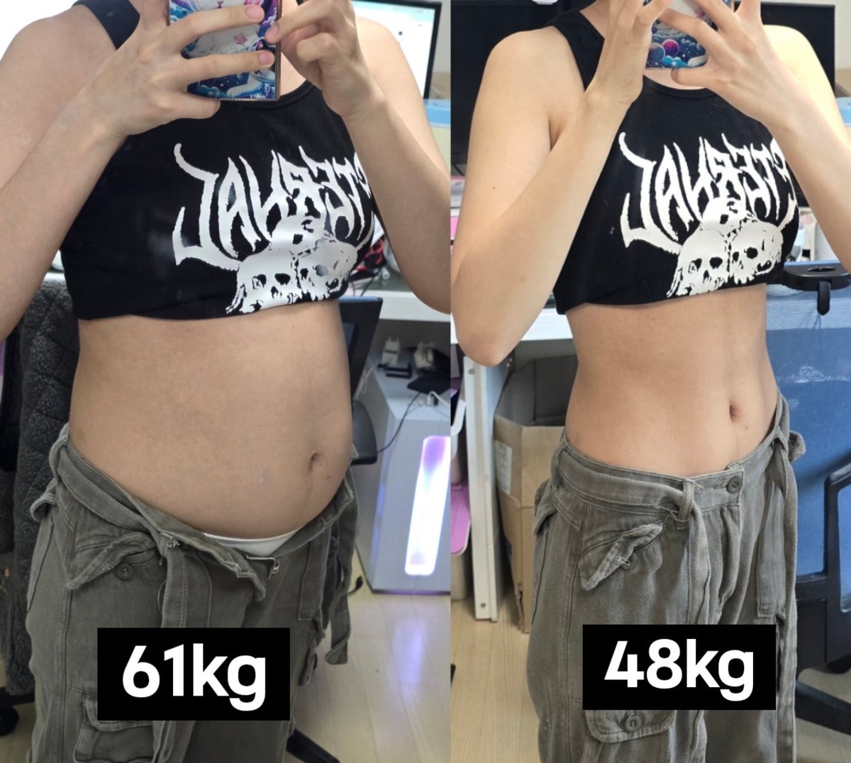 33인치와 24인치
오늘 48kg 찍음

이제 xs바지도 ez하게 들어감