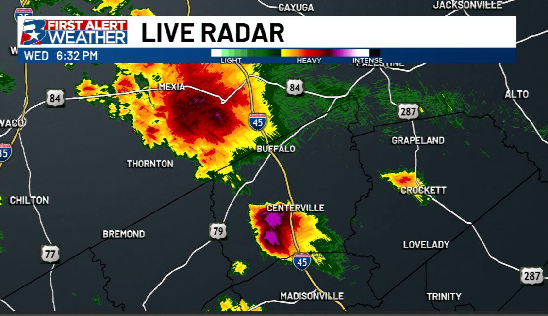 6:32pm: Storm over Mexia has absolutely exploded, already leading to a high water rescue.

Storm moving through Centerville now is pulsing up and may start dropping hail larger than dimes soon.