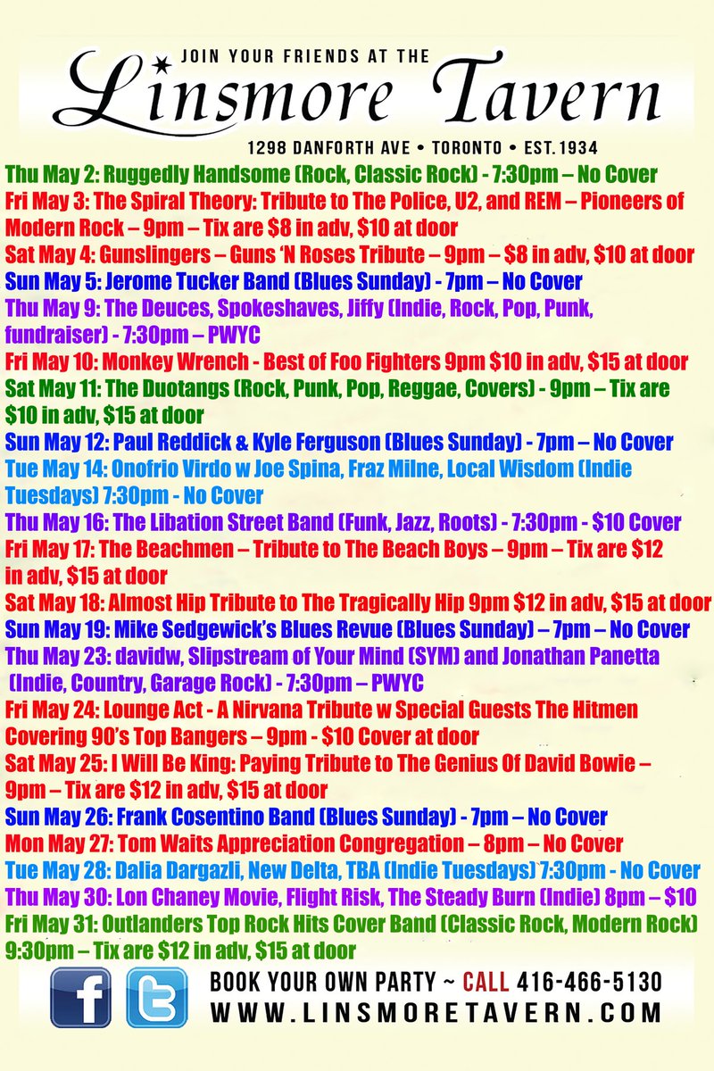 We have an awesome line-up in May at the Linsmore! So many great bands are coming in this month and we are so excited for all of these shows! Check out our line-up for this month! @EastYork_TO @DanforthMag @WhatsUpTOMag @LocalToronto @ears2dground @CP24 @nowtoronto @TorontoMusic