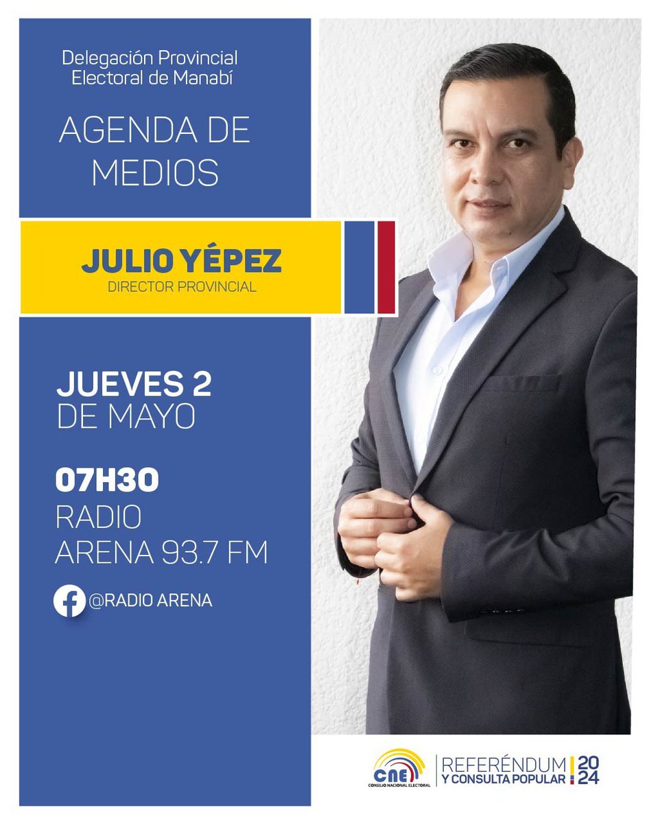 CNEManabi's tweet photo. #CNEenMedios 🎙️
Mañana, no te pierdas la entrevista que brindará nuestro director @JulioEYepez a través de #RadioArena.
📍 Informaremos sobre el #CambioDomicilioElectoral 🏡 previo a las #Elecciones2025Ec y otros temas de interés. https://t.co/QqgYplJO1m