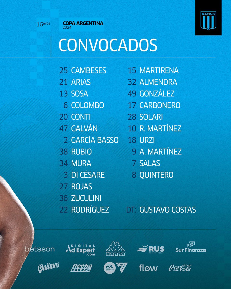 ⚪️🔵 #Racing  📋 Convocados para enfrentar mañana a #TalleresRE por los 16avos de la #CopaArgentina 🏆🇦🇷.