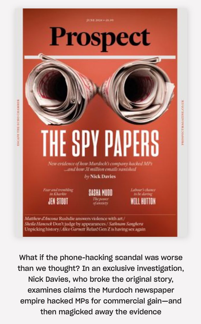 Check out the latest edition of @prospect_uk▫️prospectmagazine.co.uk/issues/june-20…

⬇️⬇️  TWO‼️ incredible stories about #PhoneHacking by @Bynickdavies 

▪️ prospectmagazine.co.uk/ideas/media/ph… 

▪️ prospectmagazine.co.uk/ideas/media/ph…