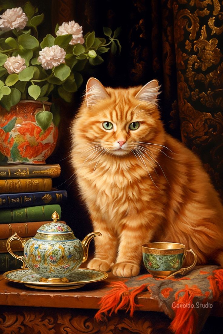 Orange cat with tea pot.