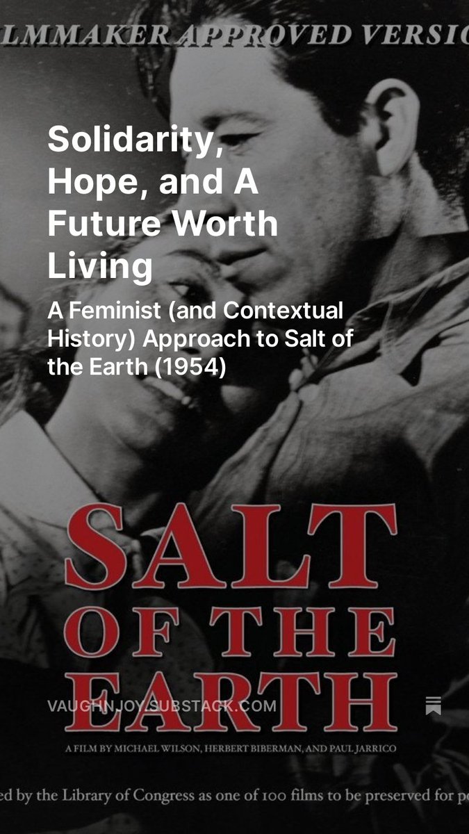 With the diss done, I can finally get back to my real passion project, Review Roulette. But naturally I was still very much in the post-war mindset, SO please enjoy a many-layered piece on Salt of the Earth (1954) for this International Workers' Day! #IWD vaughnjoy.substack.com/p/solidarity-h…