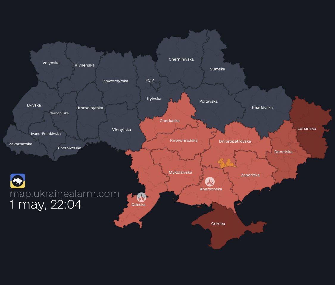Several explosions in Odesa. Locals are reporting large pillars of smoke. Explosions also reported recently in Kherson. Following regions currently on red alert: