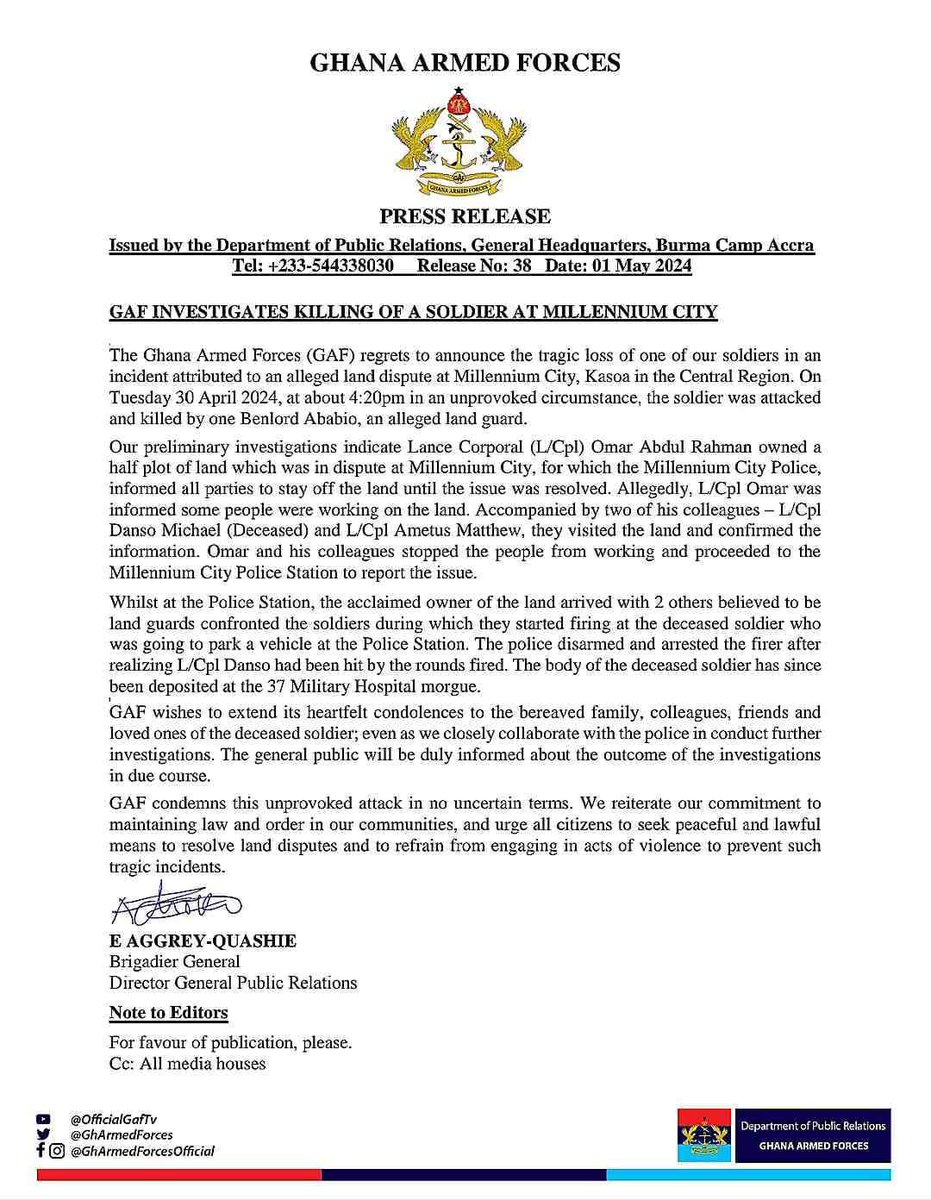 eddie_wrt's tweet photo. The Ghana Armed Forces released a statement addressing the sad incident, providing an account of how an alleged land guard, Ababio Benlord, shot and killed their officer in an unprovoked circumstance. https://t.co/eb8luoE835