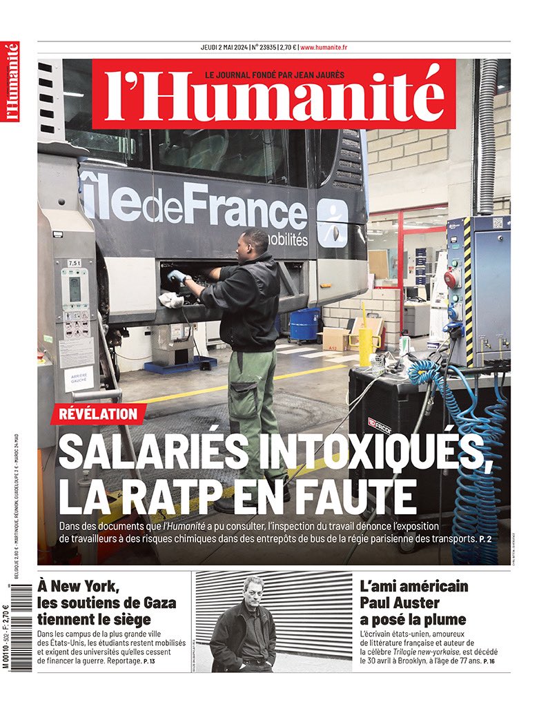 L’Humanité du 2 mai ✊ Révélation : salariés intoxiqués, la RATP en faute 📰 boutique.humanite.fr