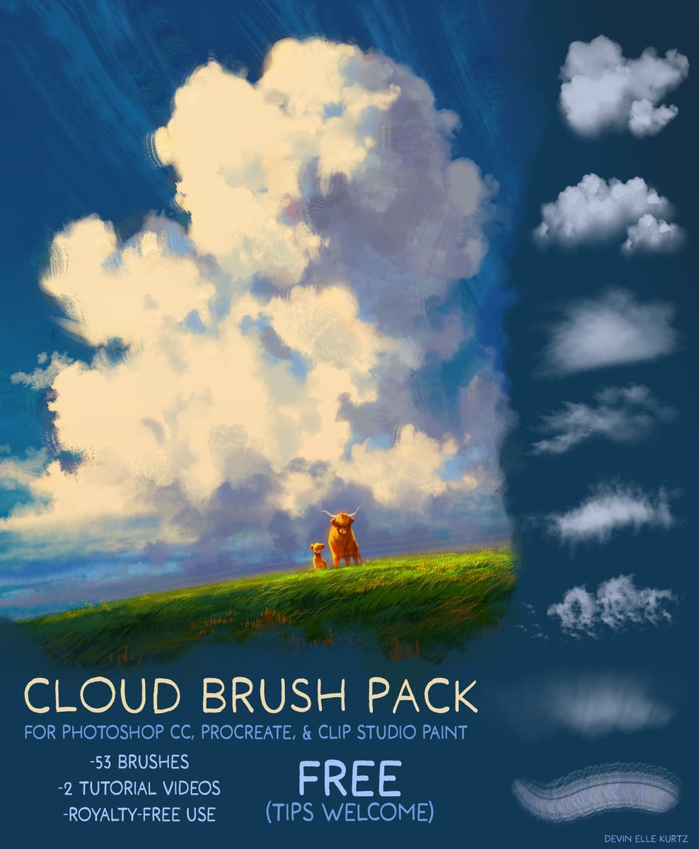 My free Cloud Brush Pack is out now for Procreate, CSP, and Photoshop CC! Download link &amp; details threaded ☁️