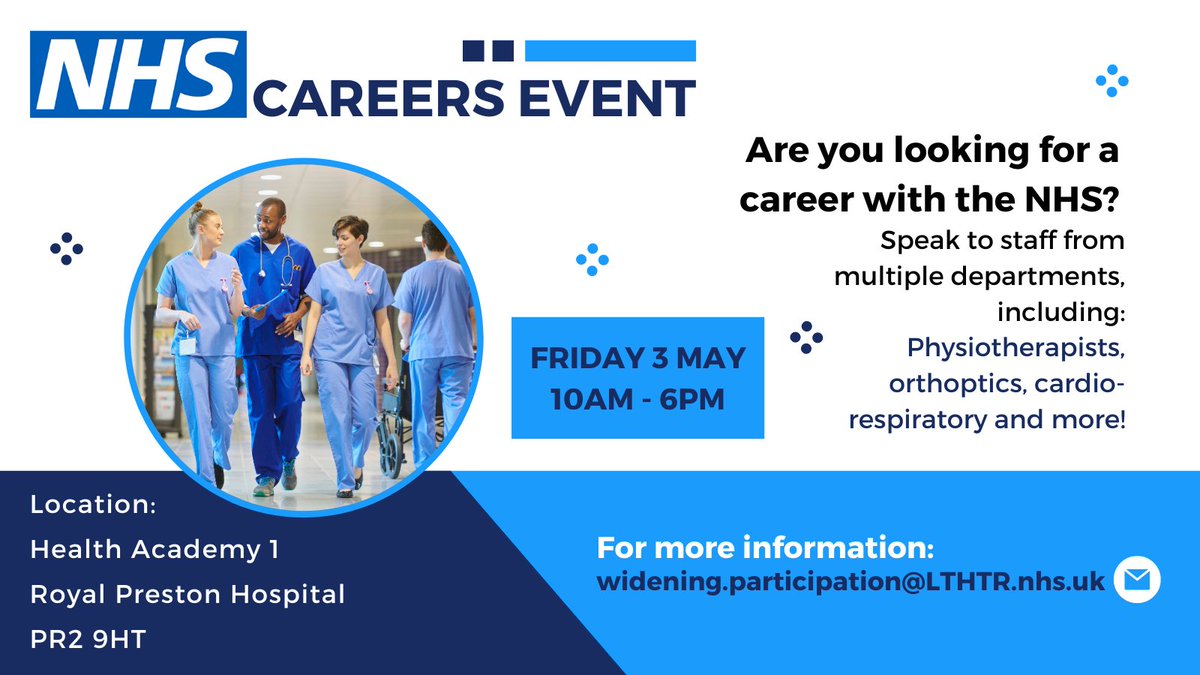 📣 NHS Careers Fair Drop-in if you're looking for a job or career within the NHS. Speak to people from different departments to see what might suit you and your skills. 📅 Friday 3 May 🕙 10am - 6pm 📧 Widening.participation@lthtr.nhs.uk @LancsHospitals