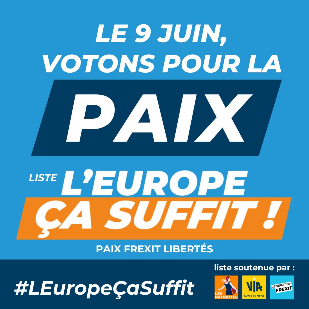 Parmi les partis candidats #Europeennnes2024 deux sont résolument pour la PAIX, à l’opposé de Macron le belliqueux et de ⁦⁦la Commission Européenne : ⁦@VIA_off⁩ ⁦@jfpoisson78⁩ @_LesPatriotes⁩ . C'est une des raisons de leur coalition #LEuropeCaSuffit.