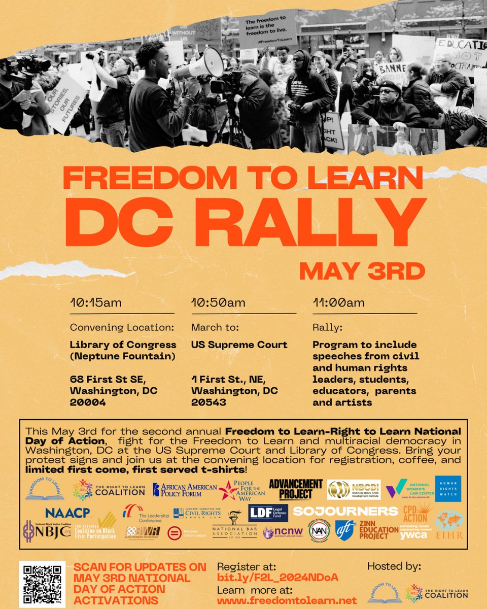 This Friday, 5/3 the Freedom to Learn (F2L) network and Right to Learn (R2L) coalition are hosting the 2nd annual National Day of Action in defense of education, racial justice and democratic values. Join us: scan the qr code below or at bit.ly/44s92fc