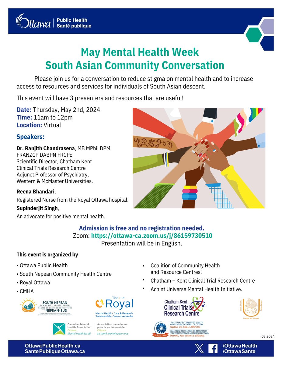 This year's #MentalHealthWeek is May 6-12. Kick off the week by joining us for a virtual event on May 2 from 11:00 - 12:00. We will be hosting a conversation about Mental Health with South Asian partners and community leaders. ottawa-ca.zoom.us/j/86159730510