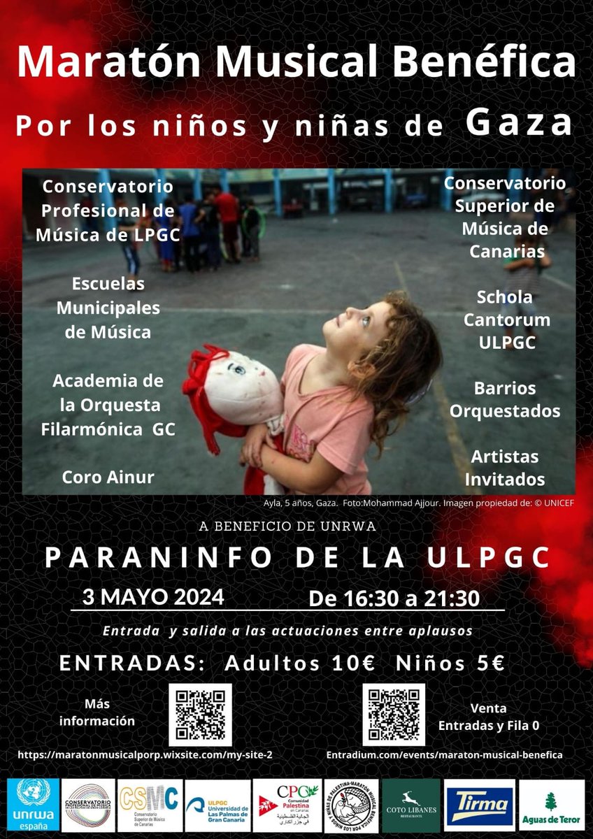 🎶Anímate a ir a la Maratón Musical Benéfica por los niños y niñas de Gaza 🇵🇸 📅 Viernes 03/05 📍Paraninfo @ULPGC 🩹Hace 5 meses un grupo de niños de Gaza declaró: -Tenemos derecho a vivir en paz, queremos comida,medicinas y educación. No 💣💣 Entradas👇🏾 entradium.com/events/maraton…