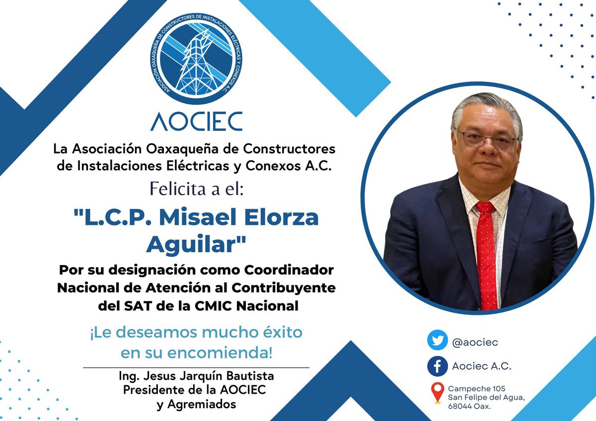 La <a href="/aociec/">AOCIEC</a> Felicita al L.C.P. <a href="/misaelorza2/">misaelorza</a> por su nombramiento como Coordinador Nacional de Atención al Contribuyente del SAT de la <a href="/cmicnacional/">cmic nacional</a> 
¡Le deseamos mucho éxito en su nueva encomienda!