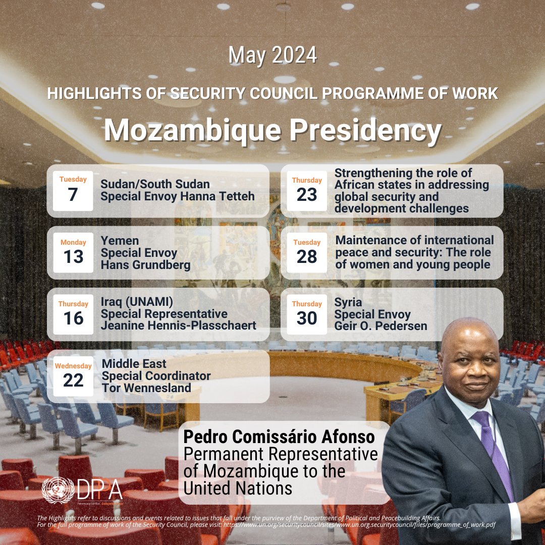 Under Mozambique's presidency, the Security Council will discuss #Sudan, #Yemen, #Iraq, #MiddleEast and #Syria. Members will discuss African states' role in addressing security challenges and the role of women and youth in maintaining peace and security. un.org/securitycounci…