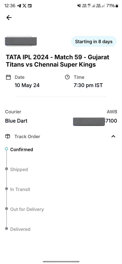 @IPL @ChennaiIPL @Paytm @Paytmcare @paytminsider

Booked #cskvsGt match

physical ticket not even shipped.

  bluedart or #IPL authorities 

What do I do. Booked 10 days before the match.

We are in kerala match in Gujarat.

Tried 3 years to get a ticket.

#csk #chennaisuperkings