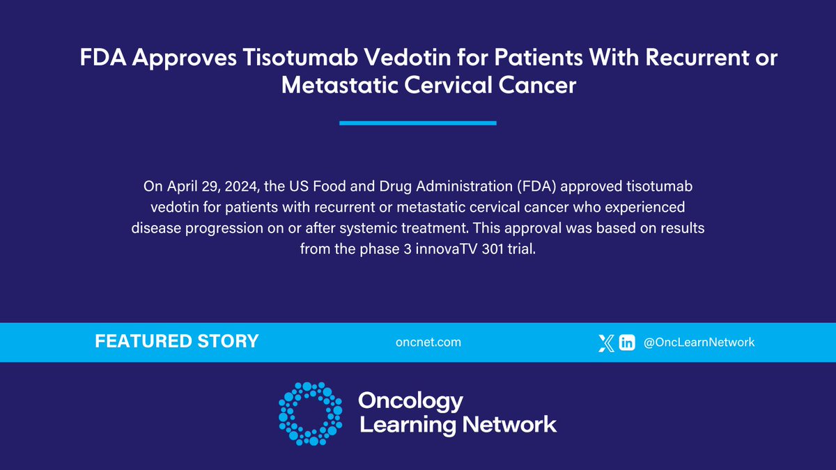 Based on results from the phase 3 innovaTV 301 trial, the @US_FDA approved tisotumab vedotin for patients with recurrent/metastatic cervical cancer who experienced disease progression on/after systemic treatment. Learn more: hmpgloballearningnetwork.com/site/onc/news/…

#medtwitter #onctwitter