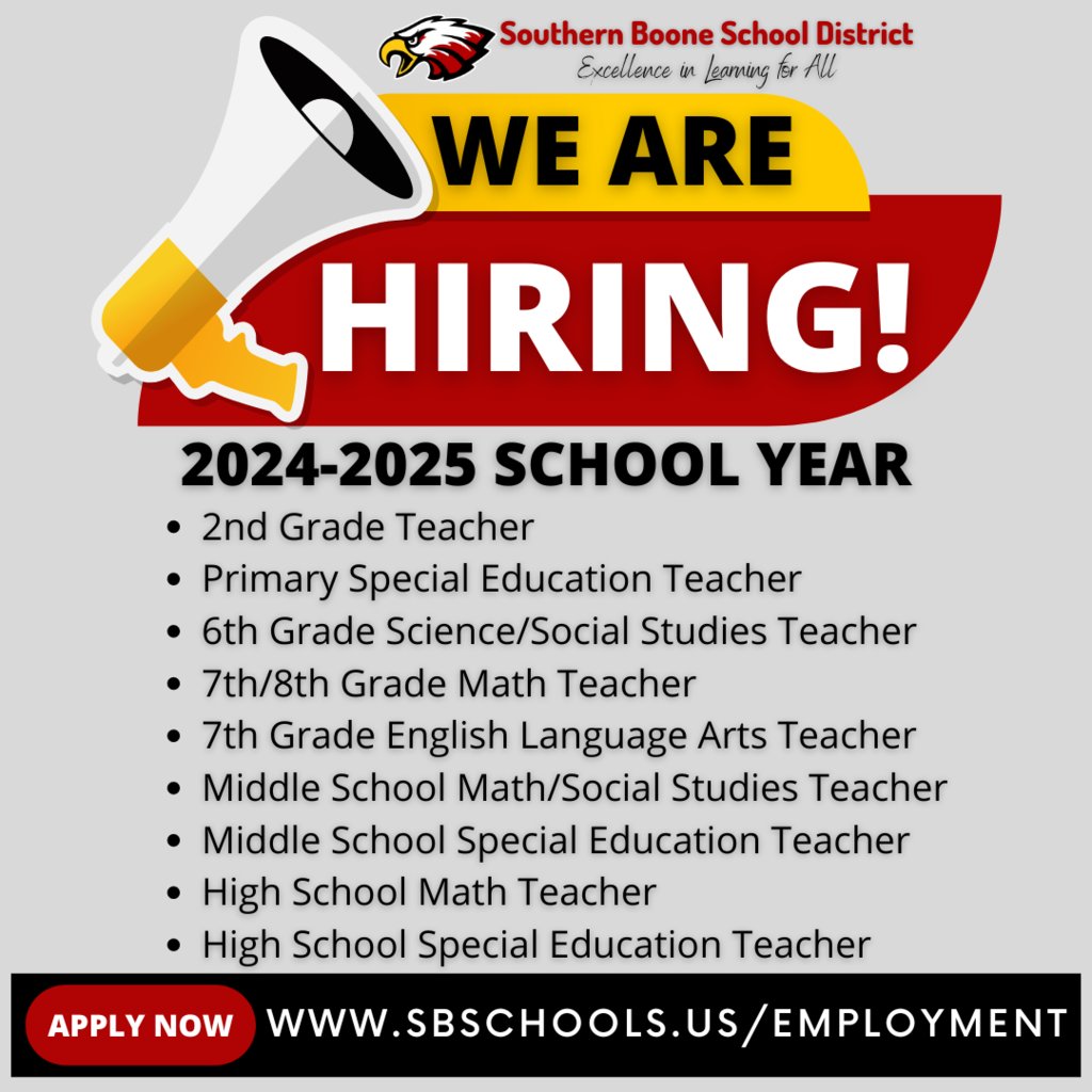 📢 JOIN OUR TEAM! 📢 We're hiring for various teaching positions for the 2024-2025 school year. Check out all openings and apply online at sbschools.us/employment. 📚✏️ #JobOpportunity #TeachingJobs