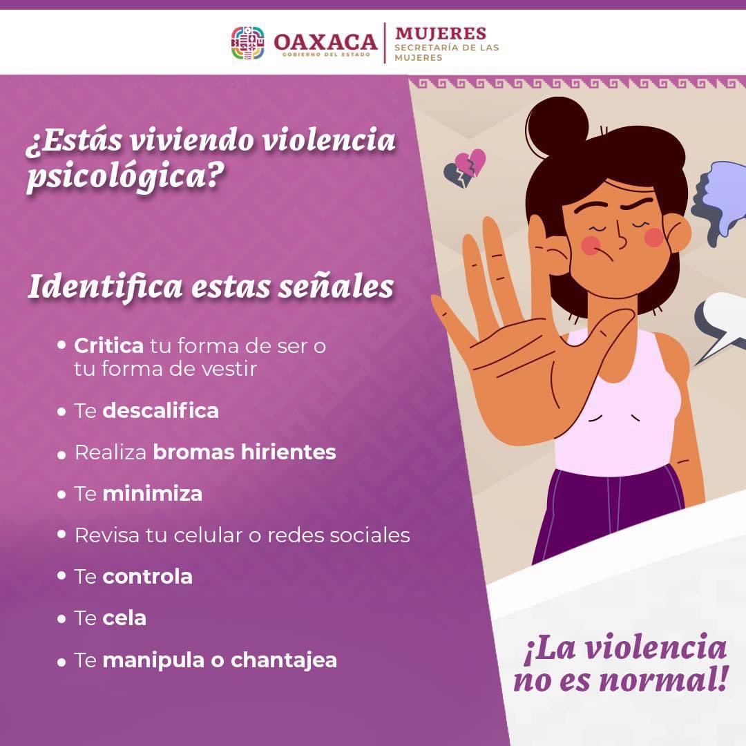 ¡Si te lastima con sus palabras y sus acciones es violencia!

Conoce e identifica las señales de violencia psicológica 

#PrevenciónDeLaViolencia 
#MujeresSinViolencia
@GobOax @salomonj @anahisarmientop