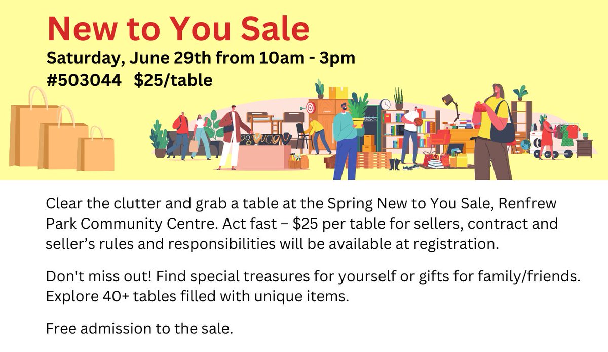 Discover hidden treasures at the Spring New to You Sale! 🌸🛍️ Join us at Renfrew Community Centre for over 40 tables of unique finds. Save the date in your calendar. Sell items and book a table today! #NewToYou #SpringSale #craftmarket #RenfrewCommunity