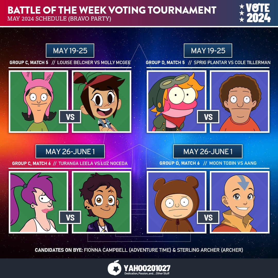 May Schedule

#BattleOfTheWeek #BOTW2024 #JoJosBizarreAdventure #AttackOnTitan #MadeInAbyss #BlueExorcist #SoulEater #BlackClover #DragonBall #JujustuKaisen #BobsBurgers #TheGhostAndMollyMcGee #Amphibia #CentralParkTV #Futurama #TheOwlHouse #TheGreatNorth #AvatarTheLastAirbender