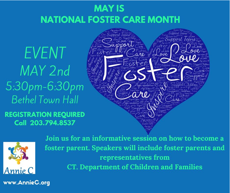 Have you considered becoming a foster parent? Join us Thursday May 2, 2024 at 5:30pm in the Bethel Clifford J. Hurgin Municipal Center (1 School Street Bethel) to learn more. This event is limited, so please RSVP by phone 203.794.8537 or email alworth-khazadianm@bethel-ct.gov