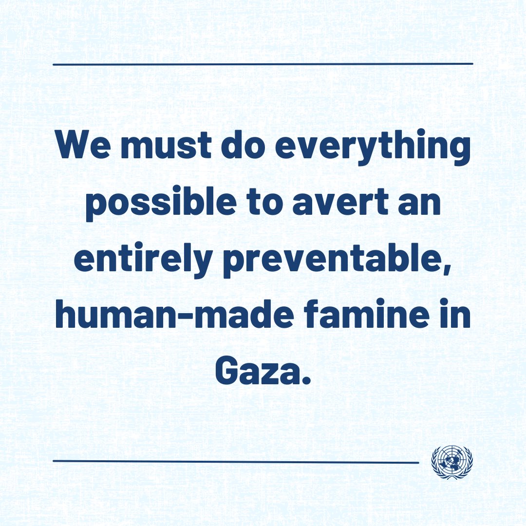 antonioguterres's tweet image. We must do everything possible to avert an entirely preventable, human-made famine in Gaza.

I again call on the Israeli authorities to allow &amp;amp; facilitate safe, rapid &amp;amp; unimpeded access for humanitarian aid &amp;amp; humanitarian workers, including @UNRWA.