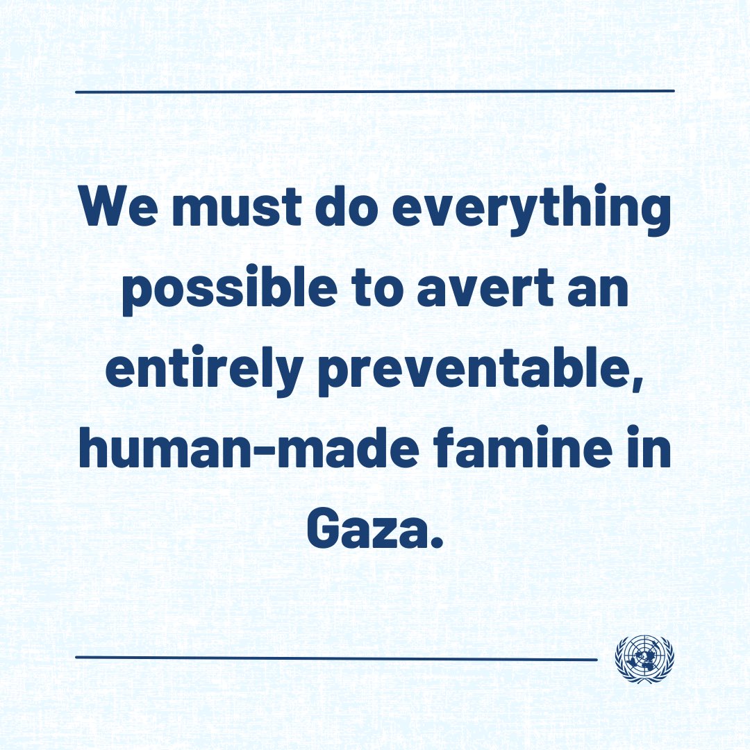 We must do everything possible to avert an entirely preventable, human-made famine in Gaza.

I again call on the Israeli authorities to allow & facilitate safe, rapid & unimpeded access for humanitarian aid & humanitarian workers, including @UNRWA.