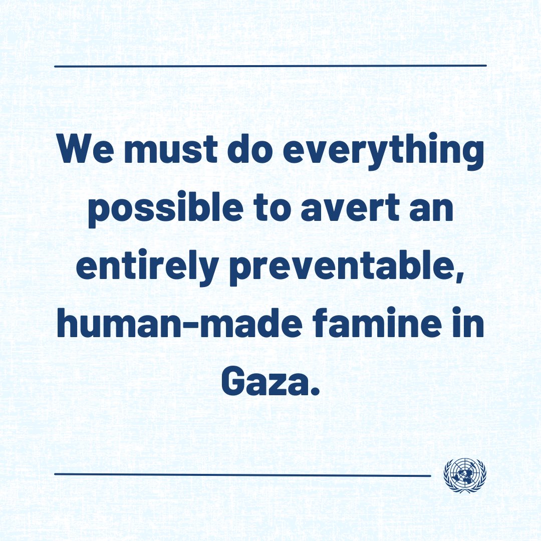 We must do everything possible to avert an entirely preventable, human-made famine in Gaza. I again call on the Israeli authorities to allow & facilitate safe, rapid & unimpeded access for humanitarian aid & humanitarian workers, including @UNRWA.