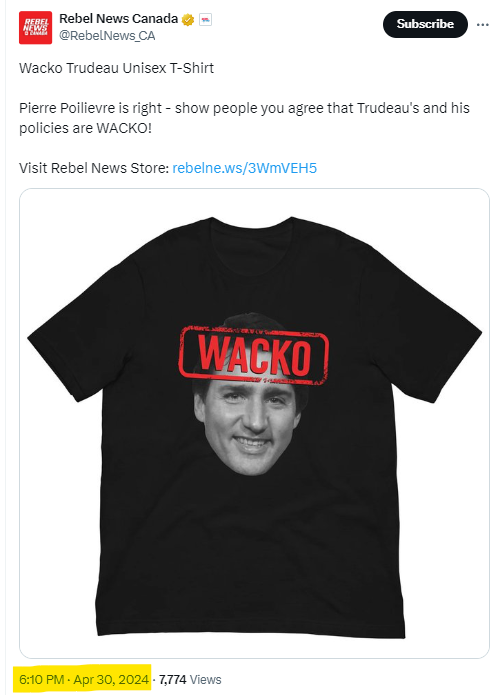 #CDNpoli 

2:30pm - 'wacko' comments
3:00pm - Poilievre removed from parliament 
3:54pm - 'wacko' fundraising email sent by CPC
6:10pm - 'wacko' T-shirt for sale at Rebel News