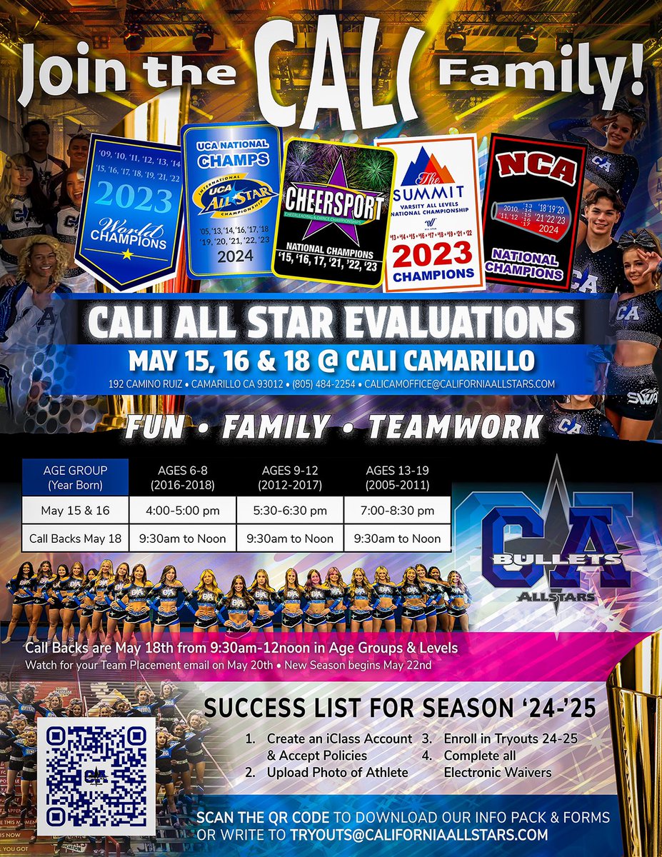CALI CAMARILLO TRYOUTS! DATES/AGE GROUPS: 🥇 5/15 4-5pm Ages: 6-8 5:30-6:30p Ages: 9-12 7:00-8:30p Ages: 13-19 🥇5/16 4-5pm Ages: 6-8 5:30-6:30p Ages: 9-12 7:00-8:30p Ages: 13-19 🥇5/18 Call Backs from 9:30am-12pm in Age groups & Levels 🌟Flyer Tryouts 🌟Worlds CALL BACKS