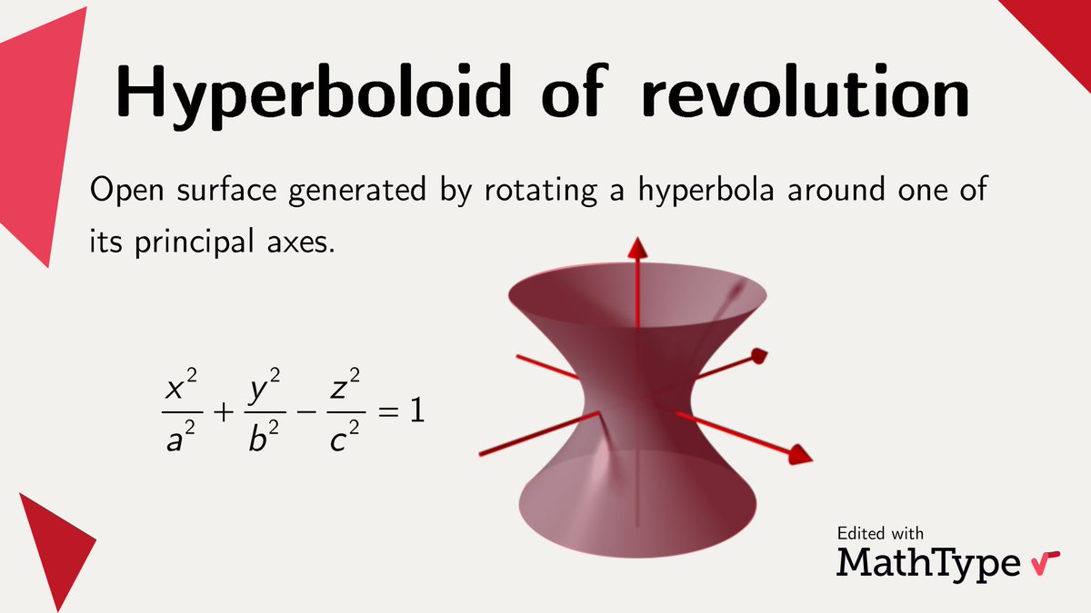 There are many fascinating figures and shapes out there. The hyperboloid of revolution is a captivating three-dimensional surface generated by revolving a hyperbola around its axis. The resulting shape resembles an hourglass. Did you know about it?

#MathType #math #mathfacts