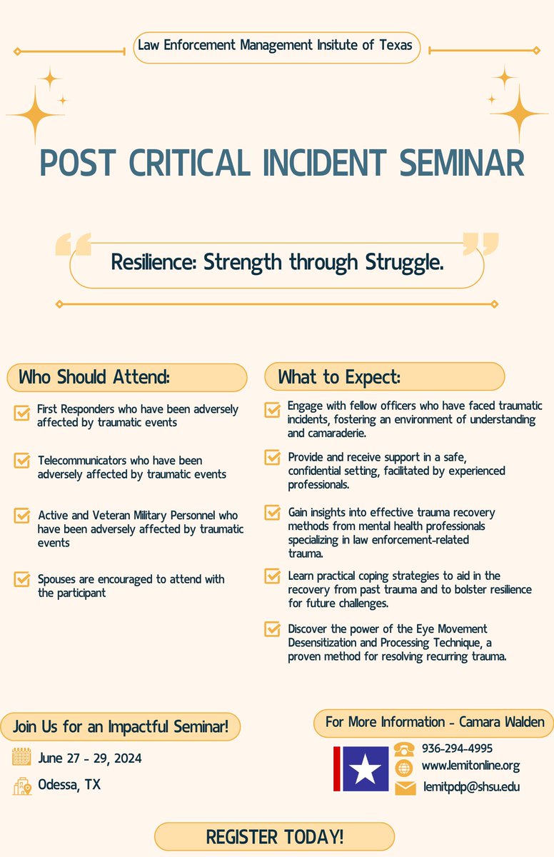 🚨 Post Critical Incident Seminar 🚨 

Join us in Odessa, TX on June 27-29, 2024. Share experiences, gain support, and learn coping strategies from experts. Don't miss out on this essential opportunity for growth and healing!