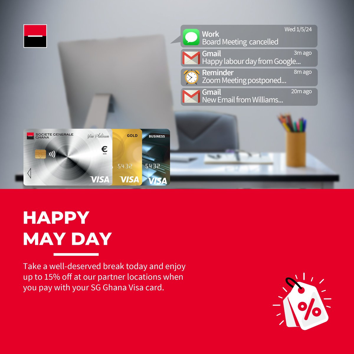 It’s not just May Day; it’s “our day” to relax and take a well-deserved break!

Enjoy up to 15% discount at our partner locations when you make payment with your SG Ghana Visa card. 

Learn more: societegenerale.com.gh/en/individual/… 

#SGGhana #LabourDay