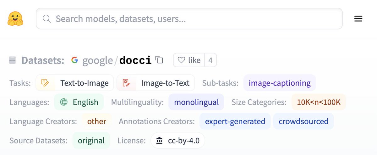 @jasonbaldridge @zackeberger @YonatanBitton @jmin__cho @roopalgarg @alex_y_ku @parekh_zarana @jponttuset @gwtanzer @wangsu_gdm DOCCI is available on Hugging Face Datasets!

huggingface.co/datasets/googl…