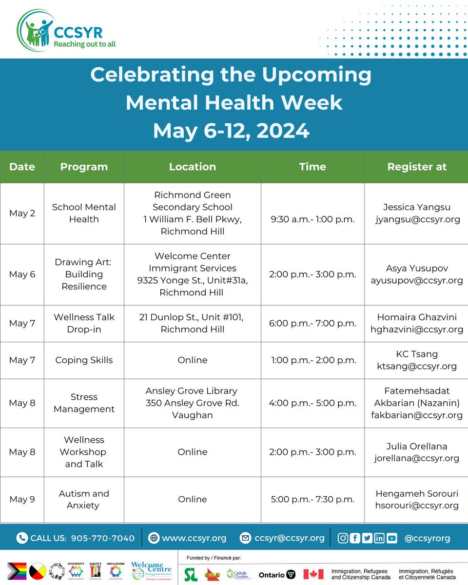 Mark your calendar! As the #MentalHealthWeek2024 approaches, our Counselling team has lined up a number of free events on mental health. Check out the calendar and register now if you need #mentalhealthsupport!
#ccsyr #yorkregion #CompassionConnectsAll