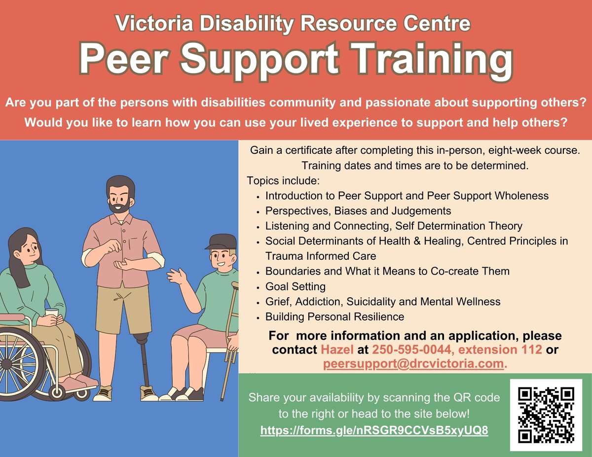 We are thrilled to announce that we will be offering a Peer Support Training course! Check out the attached poster for more info or contact Hazel at 250-595-0044, extension 112 or peersupport@drcvictoria.com to apply! Share your availability! forms.gle/nRSGR9CCVsB5xy…