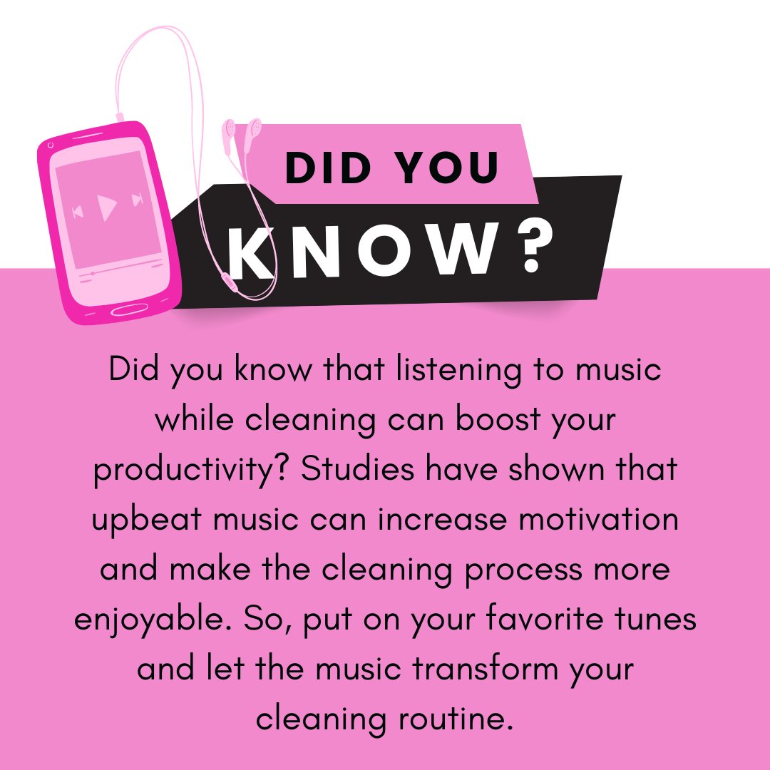 🎧🧹 Did you know? Listening to upbeat music while cleaning boosts productivity and enjoyment! What's your go-to cleaning jam? 🎶 #CleaningHacks #MusicBoostsMood #PinkPowerClean