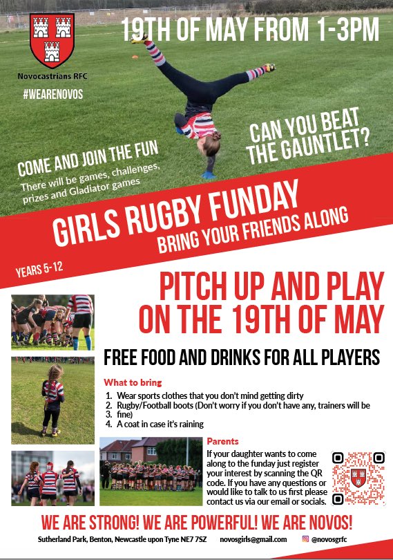 Calling all girls in Year 5-12 come and join in @NovosRFC! Food and refreshments provided. @FalconsRugby @RFU
