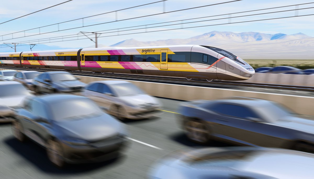 .@BrightlineWest has selected @SiemensMobility as its 'preferred bidder' to build 10 trainsets for its new LA-area to Vegas route, opening (maybe) in 2028.

They'll be designed as seven-car trains with 434-450 passenger capacity with a top speed of 220 MPH.