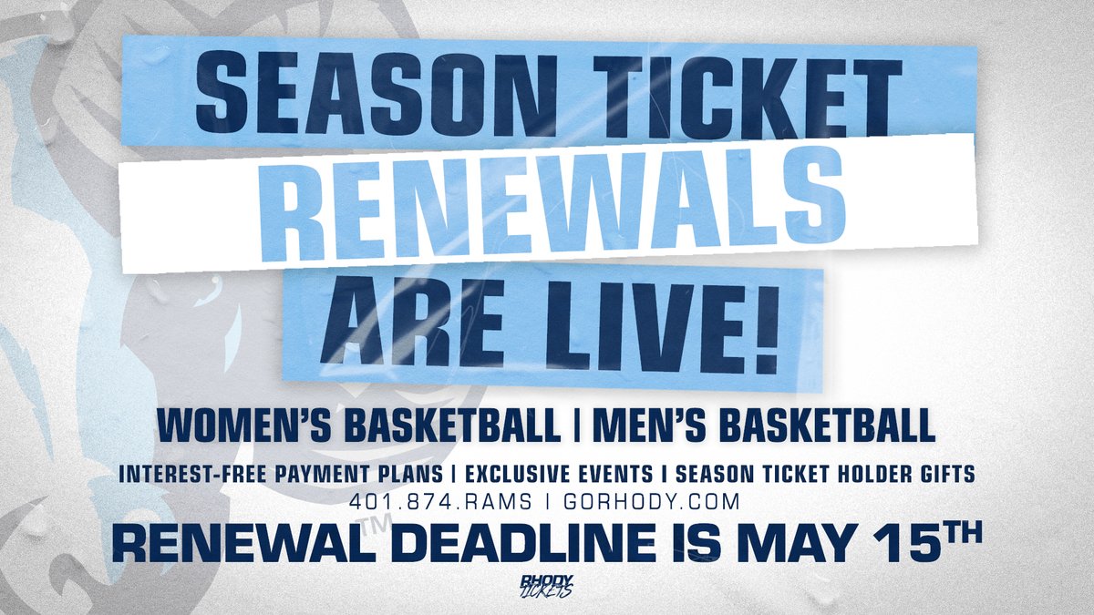 🏀𝗥𝗘𝗡𝗘𝗪𝗔𝗟 𝗥𝗘𝗠𝗜𝗡𝗗𝗘𝗥🏀 The renewal deadline for @RhodyMBB/@RhodyWBB season ticket holders is just two weeks away - 𝗠𝗔𝗬 𝟭𝟱𝘁𝗵! Lock in your seats at @TheRyanCenter TODAY! #GoRhody 🐏🏀 💻: bit.ly/3SZef8N ☎️: 401.874.RAMS