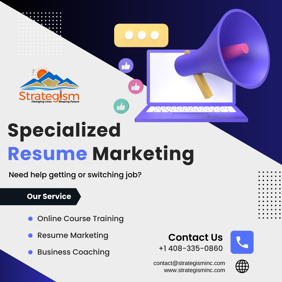 Are you ready to take your career to the next level? Look no further! At Strategism, we offer expert resume writing & marketing tailored to your unique career goals 🎯. 

Contact Now:
☎ +1 408-335-0860
📩 contact@strategisminc.com

:
#resumemarketing #resumebuilding #resume