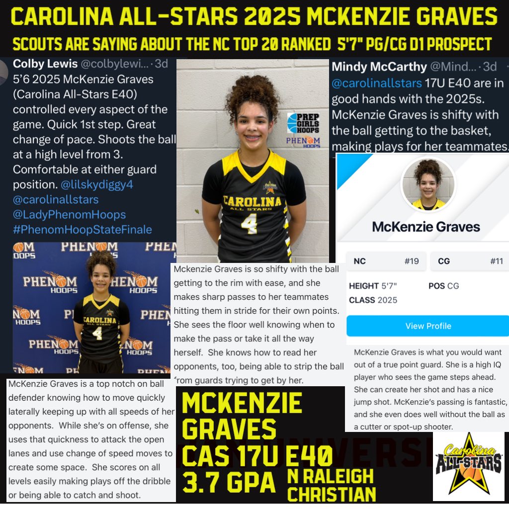 CAS 17U E40 ‘25 MCKENZIE GRAVES @lilskydiggy4 is NC Top 20 Ranked CG D1 Prospect‼️ @Mindy_McCarthy3 @PGH_NC “Shifty w/ ball getting to basket..High IQ player” @PrepGirlsHoops “Top notch on ball defender” @LadyPhenomHoops @colbylewis20 “Quick 1st step..great change of pace”